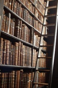 wooden ladder by bookshelves