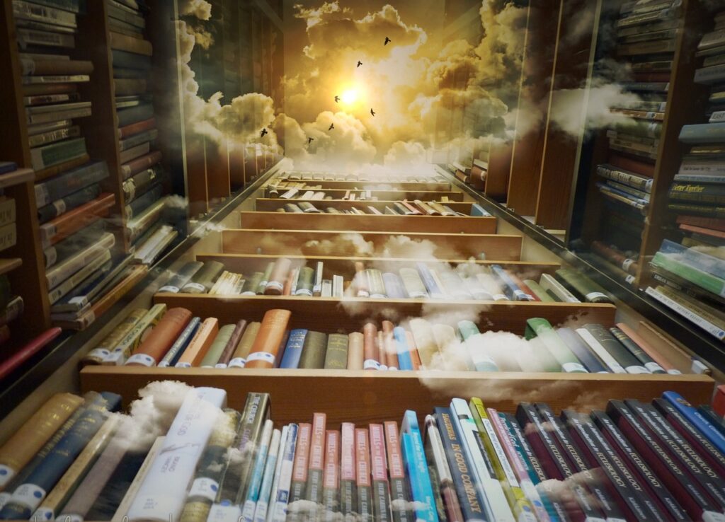 library, heaven, birds