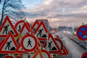 construction site, traffic, road