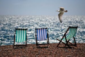 deckchairs, beach, sea