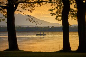 boat, lake, trees, rowboat, sunset, water, nature, eve, light, landscape, fishing, idyll, chiemsee, bavaria, chiemgau, fishing, fishing, fishing, fishing, fishing