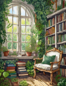 library, plants, cozy, reading-nook, window, books, greenery, sunlight, peaceful, rustic, wooden, nature, home, relaxation, serene, vines, tranquil, shelves, armchair, cushions, decorative, airy, leafy, vintage, ai generated, library, library, library, library, library