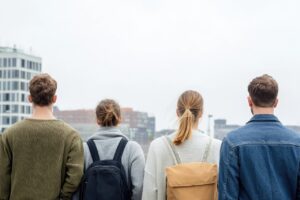 young people, group, young, people, back view, group together, looking, city, together, skyline, urban, cityscape, ai generated