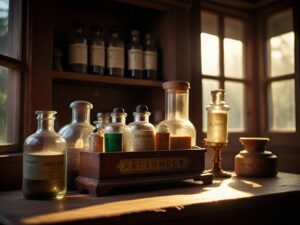 ai generated, pharmacy, bottles, medicine, powder, sunlight, wooden table