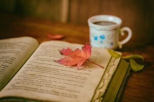 leaves, coffee, coffee cup, cup, still life, book, nature, reading, leisure, hobby, read, open book, bookworm