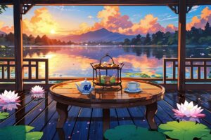 ai generated, lotus, flowers, bloom, petals, seeds, pink, zen, table, tea, teatime, beverage, gazebo, landscape, azumaya, mountain, asia, sun, sunset, dusk, sky, nature