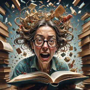 ai generated, woman, books, read, library, pages, glasses