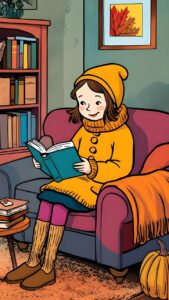 ai generated, woman, scarf, girl, sweater, studying, rest, read, winter, fall, autumn, young, book, reading, sitting, education, clothes, cozy, furniture, relaxation, warm, comfortable, cartoon, room, home, beautiful