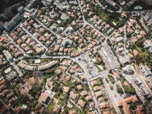 Aerial view of a suburban neighborhood with houses.