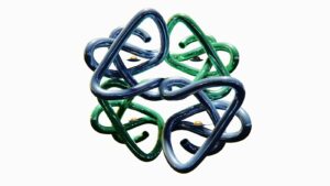 a green and blue sculpture is shown against a white background