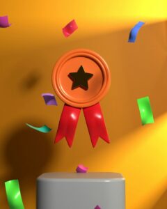 An orange medal with a gold star and red ribbons amidst falling colorful confetti