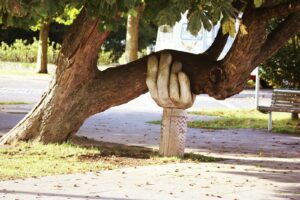 A carved wooden hand supporting a heavy tree branch in a park